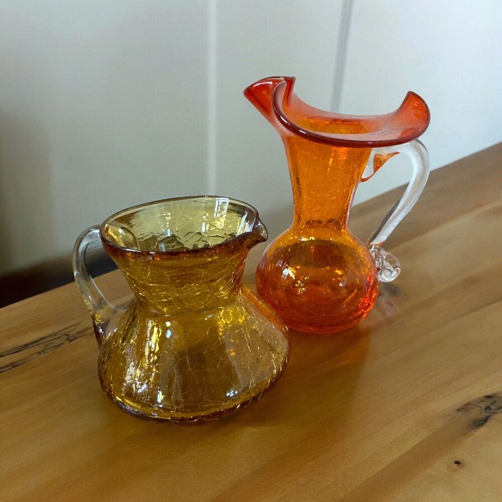 Vintage‎ Pilgrim Amber Crackle Glass Creamer Pitcher Small 3" and 5" Orange 60's